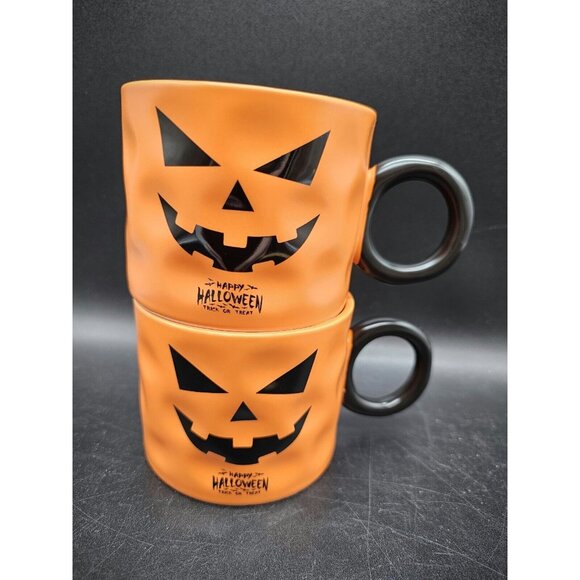 Pair Of Spooky Scary Jack-O-Lantern Pumpkin Coffee Cup Mugs Halloween Fall - Picture 2 of 9